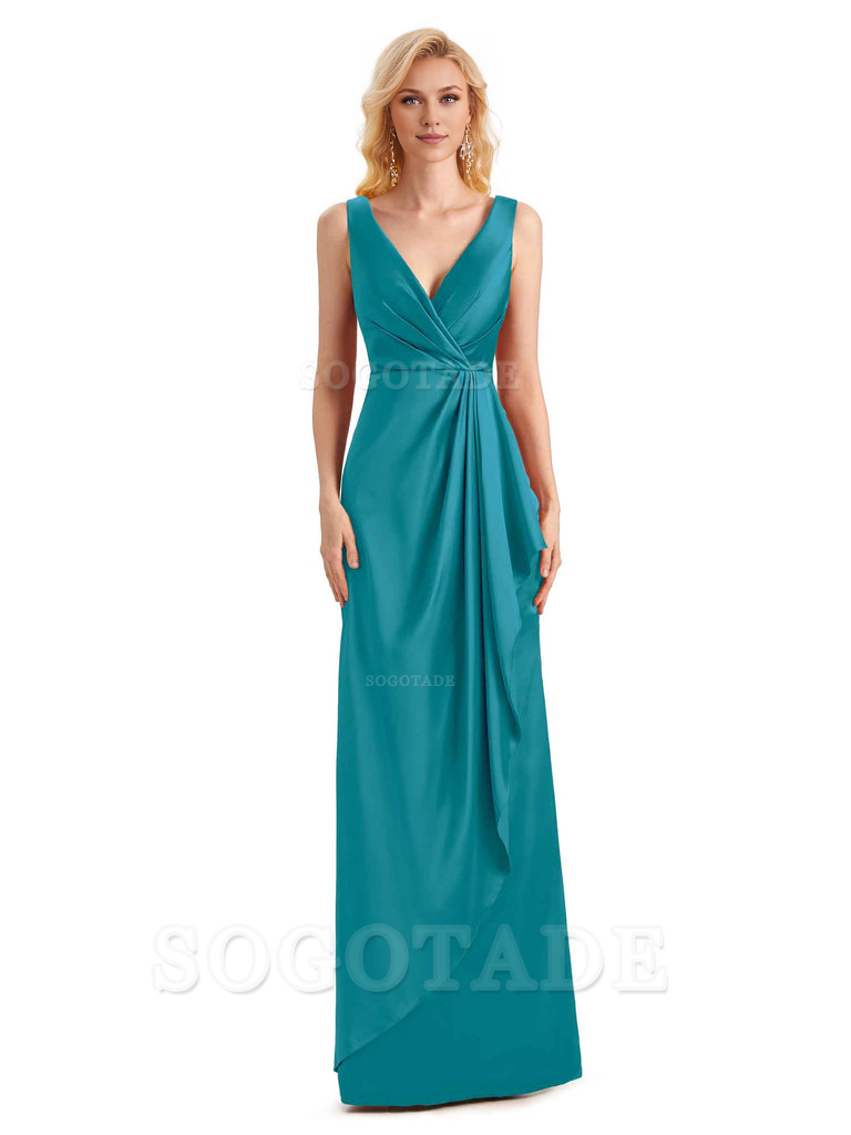 V Neck Elegant Soft Satin Formal Long Maid Bridesmaid Dresses Formal Wear Dresses