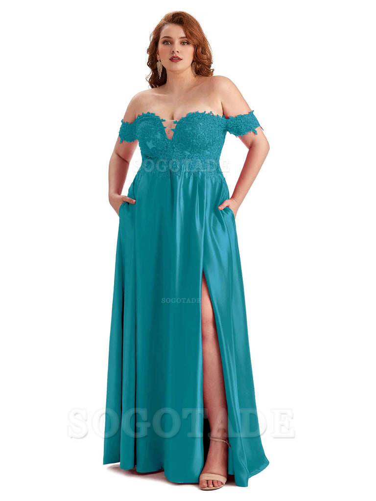 Off Shoulder Side Slit Lace Soft Satin Long Plus Size Bridesmaid Dresses For Wedding