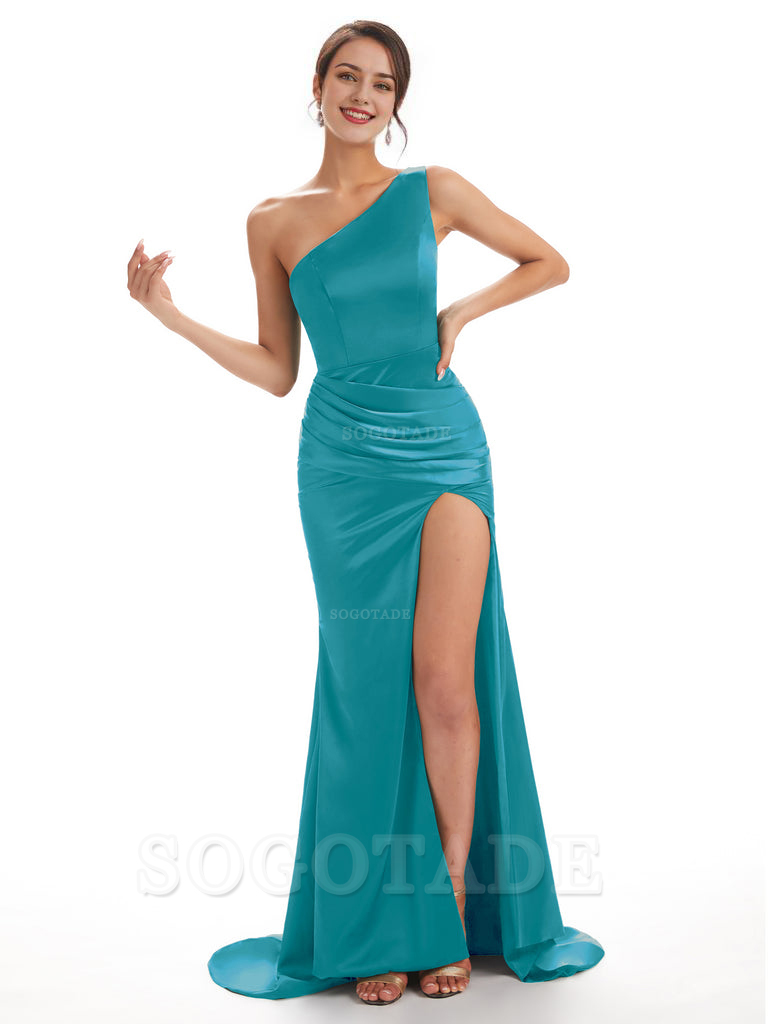 Sexy Soft Satin Side Slit One Shoulder Long Mermaid Bridesmaid Dresses Online prom shop dresses ﻿
