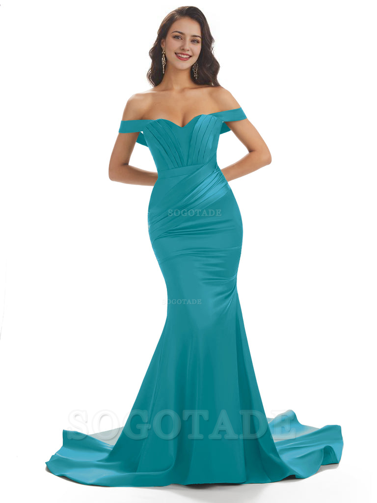 Sexy Mermaid Off The Shoulder Floor-Length Long Soft Satin Bridesmaid Dresses Online prom shop dresses