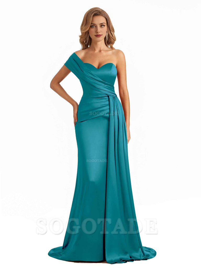 Elegant One Shoulder Soft Satin Long Mermaid Bridesmaid Dresses Online prom shop dresses ﻿