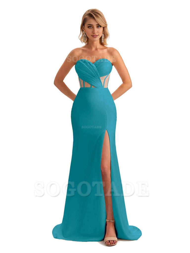 Sexy Sweetheart Strapless Side Slit Mermaid Soft Satin Unique Long Bridesmaid Dress For Wedding