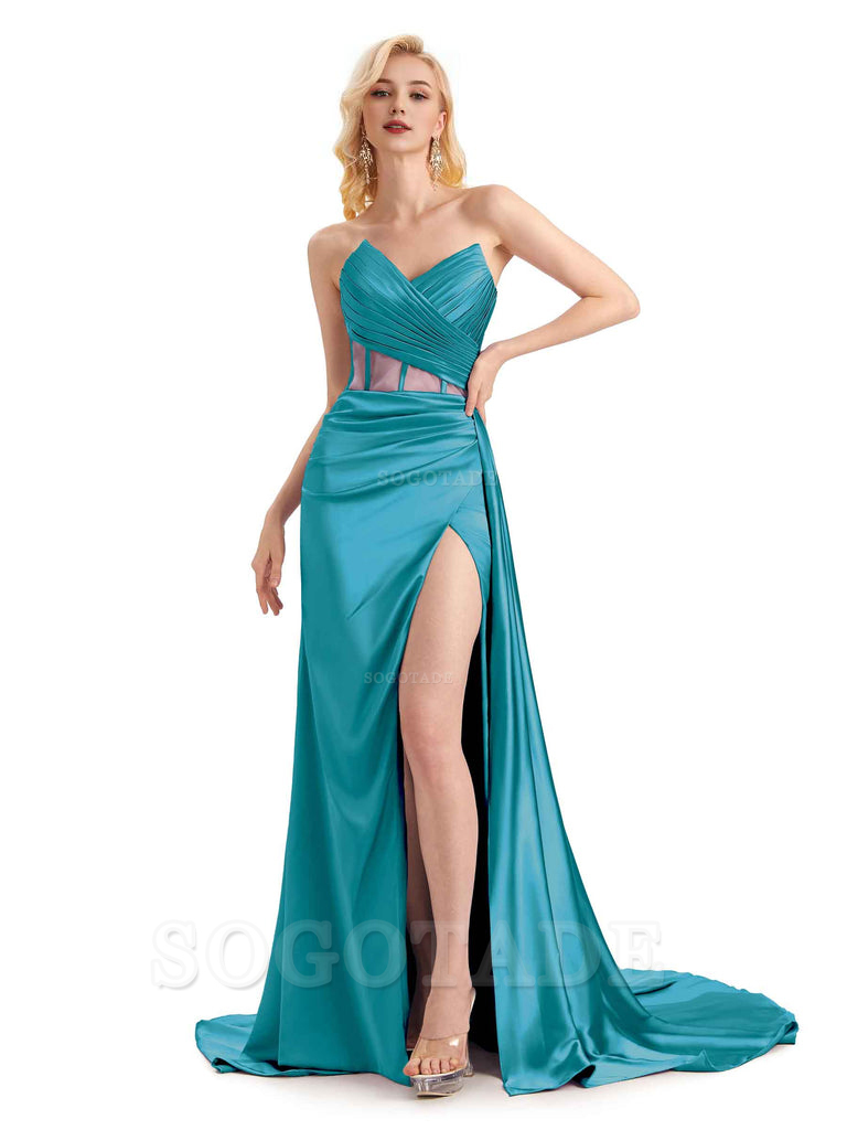 Sexy Soft Satin Side Slit See Through Floor-Length Long Mermaid Bridesmaid Dresses prom shop dresses