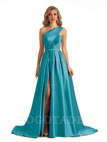 Sexy Side Slit One Shoulder A-Line Soft Satin Long Bridesmaid Dresses Online prom dress in store