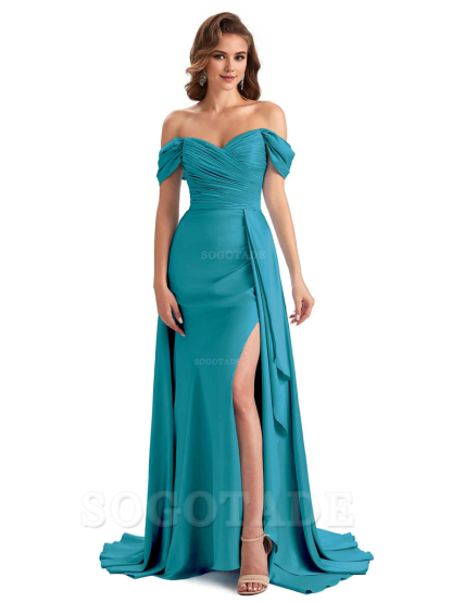 Sexy Side Slit Mermaid Soft Satin Off The Shoulder Long Unique Bridesmaid Dresses prom dress in store