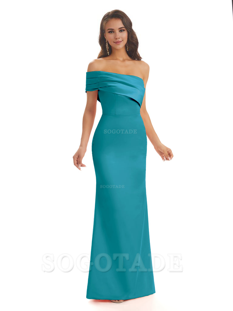 Soft Satin Sexy Side Slit One Shoulder Long Mermaid Bridesmaid Dresses Online prom dress in store