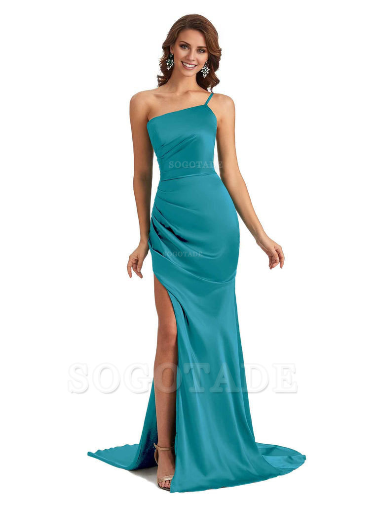 Sexy Silky Satin Side Slit One Shoulder Unique Long Wedding Guest Maxi Dresses