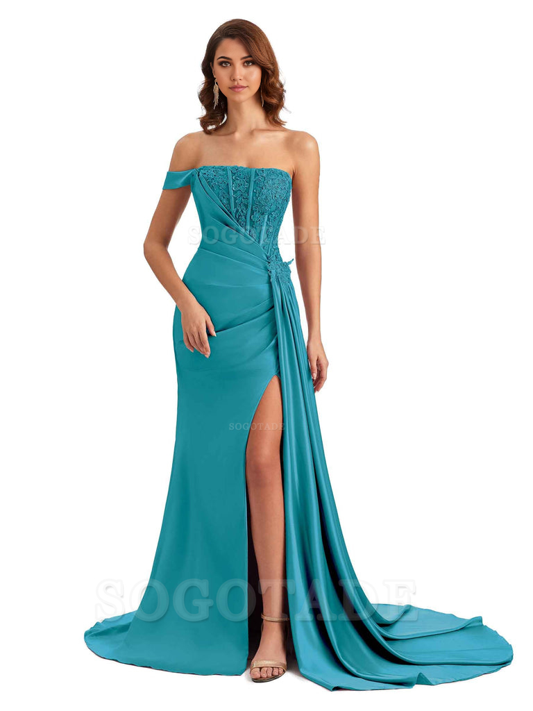 Mermaid Off Shoulder Applique formal dresses evening gown Bridesmaid Dresses With Side Slit 