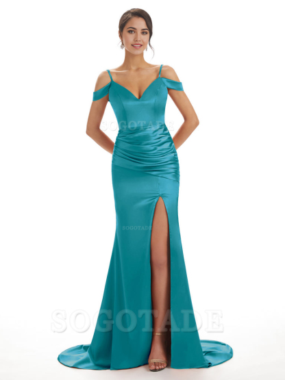 Mermaid Off The Shoulder Satin formal dresses evening gown Bridesmaid Dresses With Side Slit 