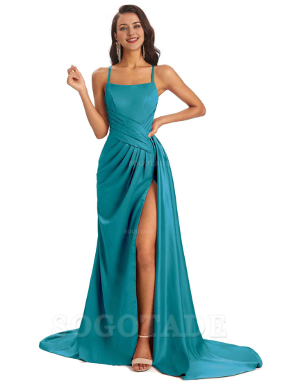 Sexy Soft Satin Side Slit Spaghetti Straps Long Maxi Bridesmaid Dresses prom shop dresses