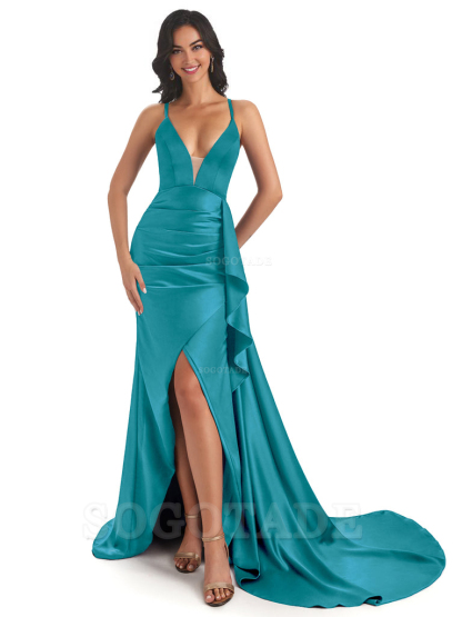 Sexy Spaghetti Straps Soft Satin Side Slit Pleats Unique Mermaid Bridesmaid Dresses prom shop dresses ﻿