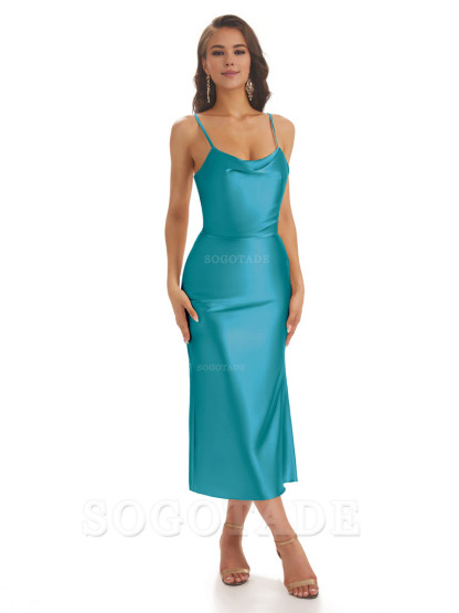 Sexy Soft Satin Spaghetti Strap Tea-Length Midi Short Bridesmaid Dresses prom shop dresses