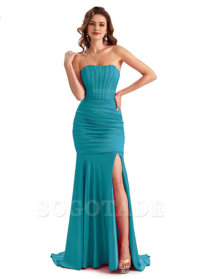 Sexy Strapless Side Slit Mermaid Silky Satin Formal Bridesmaid Dresses