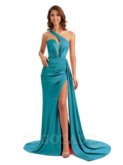 Mermaid One Shoulder Satin formal dresses evening gown Bridesmaid Dresses With Side Slit