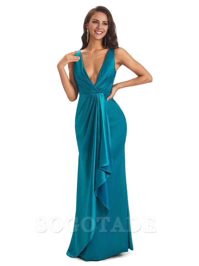 Sexy Satin V-Neck Floor-Length Long Bridesmaid Dresses with Side Slit Elegant Evening Party Dress