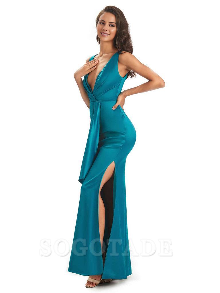 Sexy Satin V-Neck Floor-Length Long Bridesmaid Dresses with Side Slit Elegant Evening Party Dress
