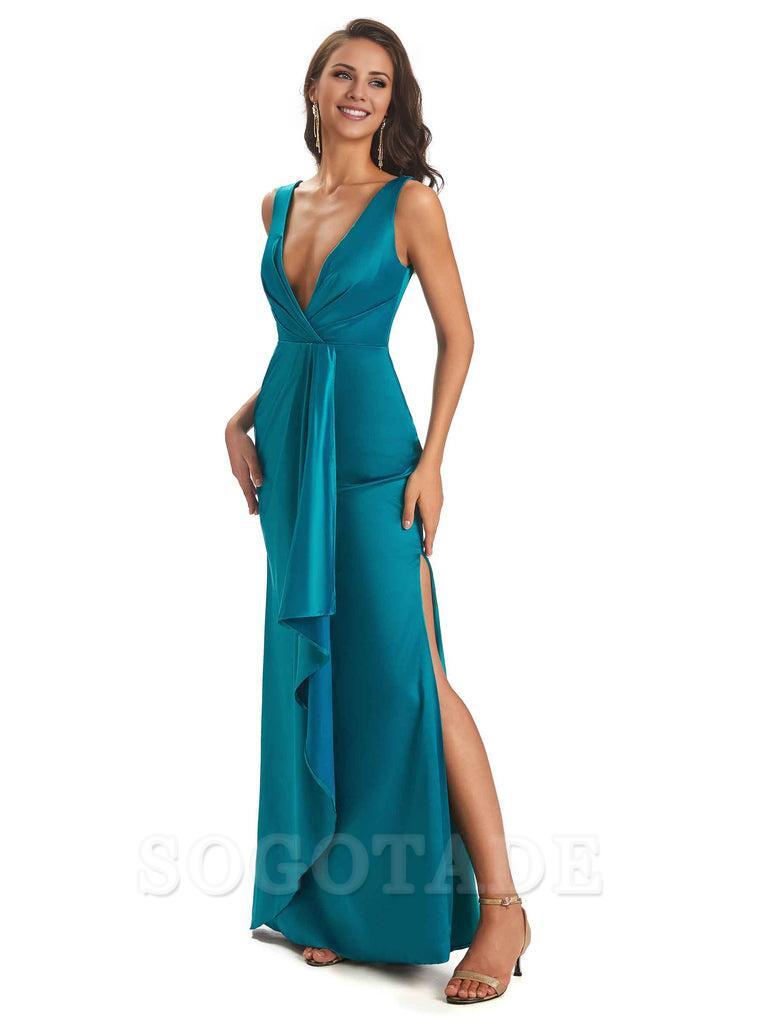 Sexy Satin V-Neck Floor-Length Long Bridesmaid Dresses with Side Slit Elegant Evening Party Dress
