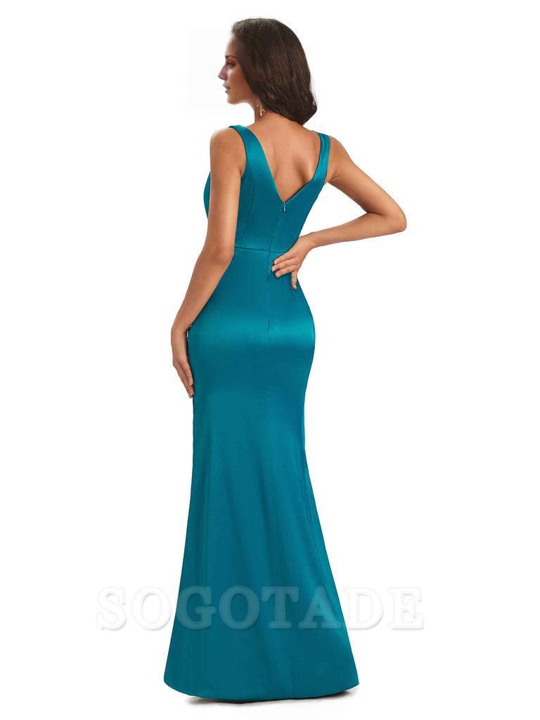 Sexy Satin V-Neck Floor-Length Long Bridesmaid Dresses with Side Slit Elegant Evening Party Dress