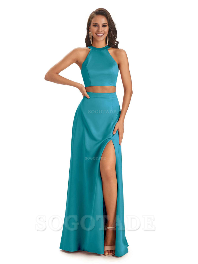 Soft Satin Two-Pieces Halter Side Slit Sexy Fashion Bridesmaid Dresses Charming Evening Party Dress