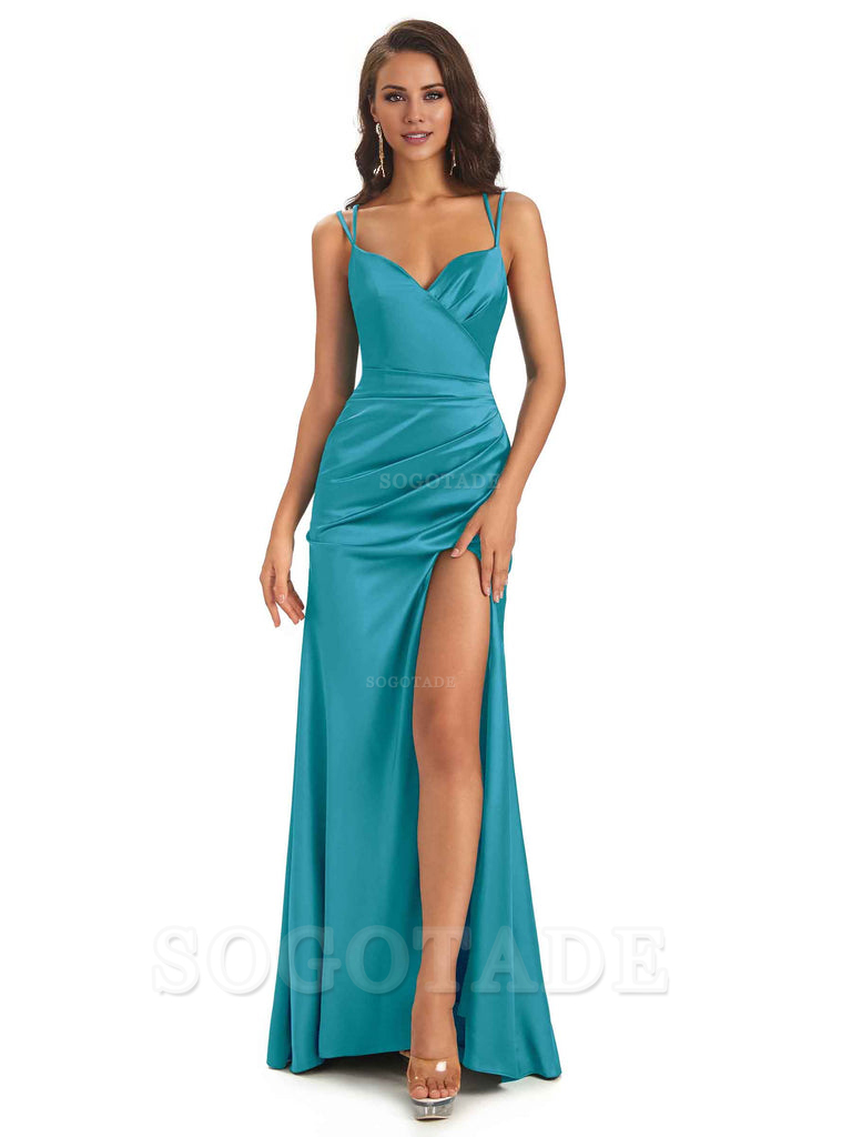 Sexy Soft Satin Side Slit Spaghetti Straps Long Maxi Mermaid Bridesmaid Dresses Elegant Evening Party Dress