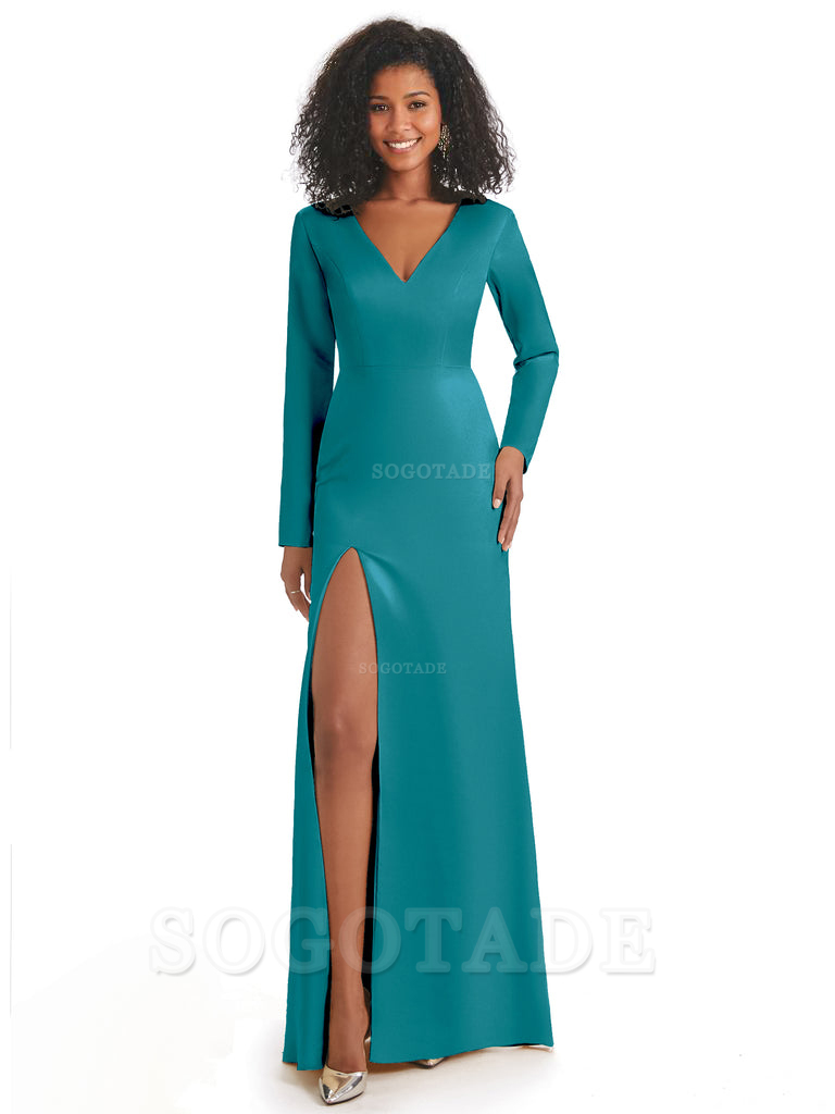 Soft Satin Side Slit Long Sleeves V-Neck Long African Mermaid Bridesmaid Dresses Elegant Evening Party Dress