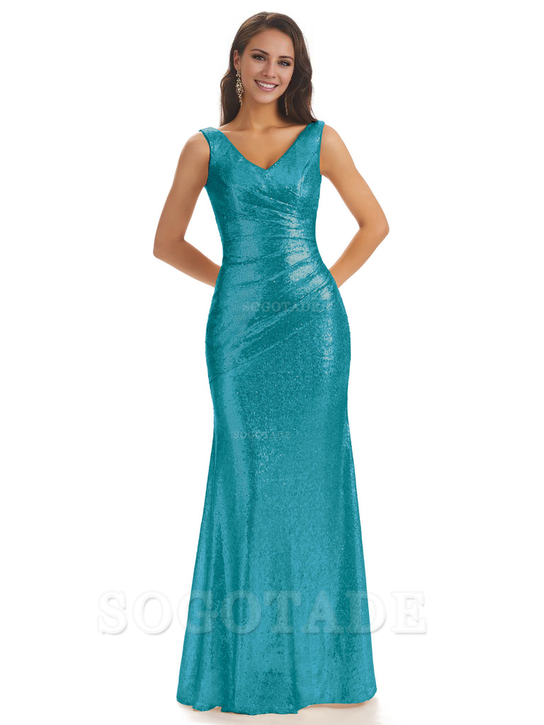 Sexy Sequin V-Neck Sparkly Long Mermaid Bridesmaid Dresses Charming Evening Party Dress