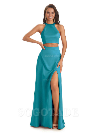 Soft Satin Two-Pieces Halter Side Slit Sexy Fashion Bridesmaid Dresses Charming Evening Party Dress