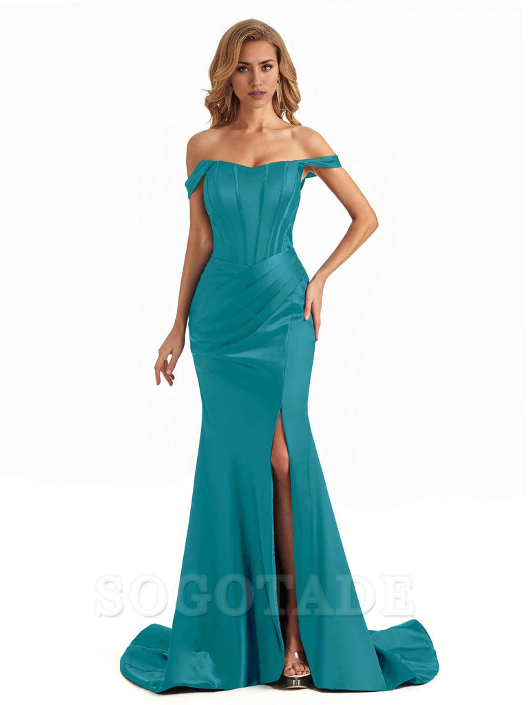 Sexy Long Mermaid Bridesmaid Dresses Off The Shoulder with Side Slit Satin Elegant Evening Party Dress 