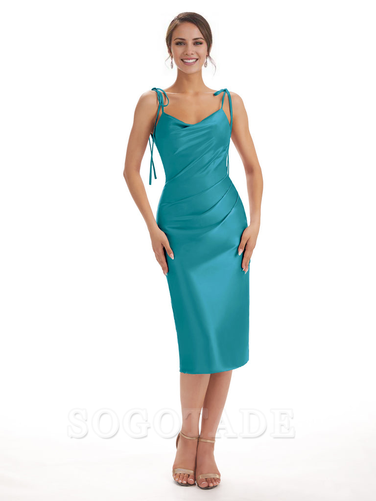 Tea Length Midi Short Bridesmaid Dresses Spaghetti Straps Satin Elegant Evening Party Dress