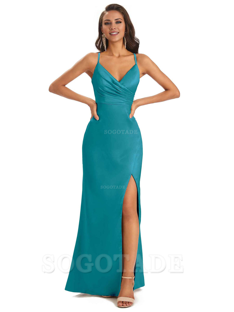 Soft Satin Side Slit Spaghetti Straps Long Unique Mermaid Bridesmaid Dresses Elegant Evening Party Dress