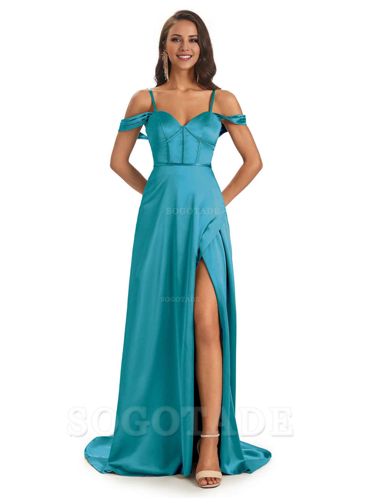 Stylish Soft Satin Side Slit Spaghetti Straps Bridesmaid Dresses Elegant Evening Party Dress