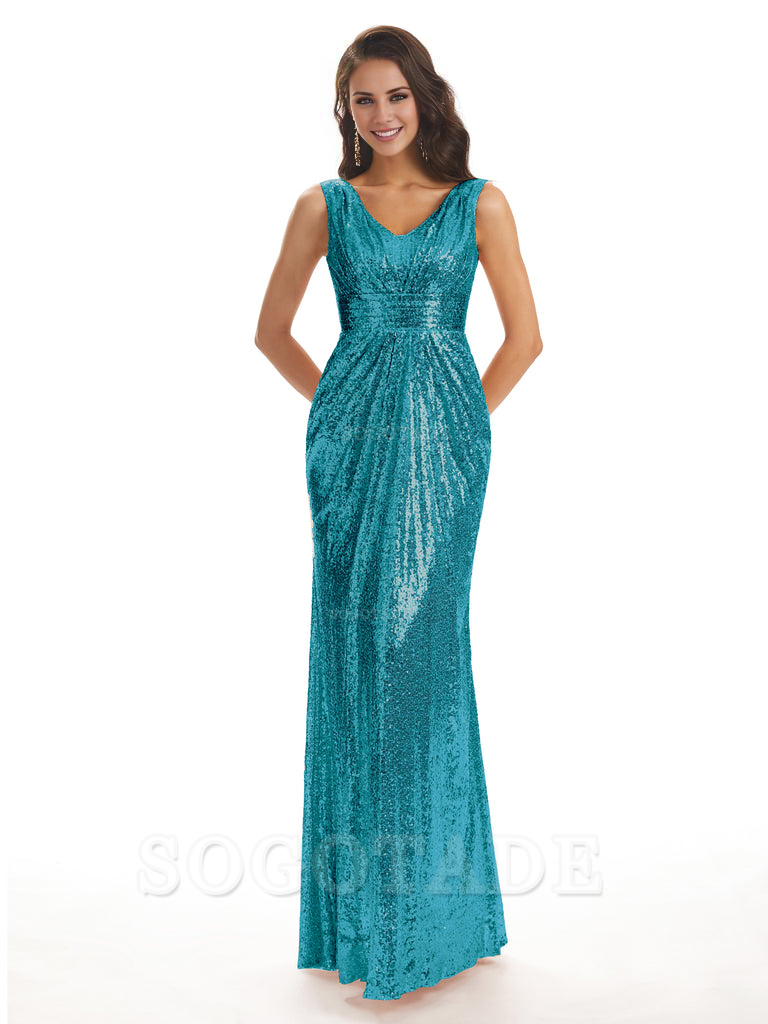 Sparkly V-Neck Sequin Long Mermaid Bridesmaid Dresses Sleeveless Charming Evening Party Dress