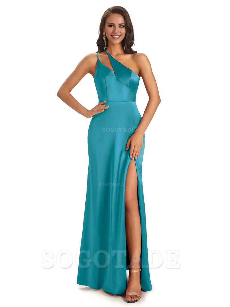 Sexy Soft Satin Side Slit One Shoulder Floor-Length Mermaid Long Bridesmaid Dresses Elegant Evening Party Dress