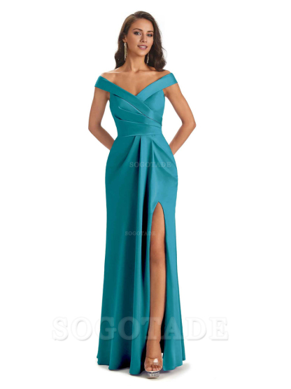 Sexy Soft Side Slit Off Shoulder V-Neck Long Satin Ladies Bridesmaid Dresses Elegant Evening Party Dress