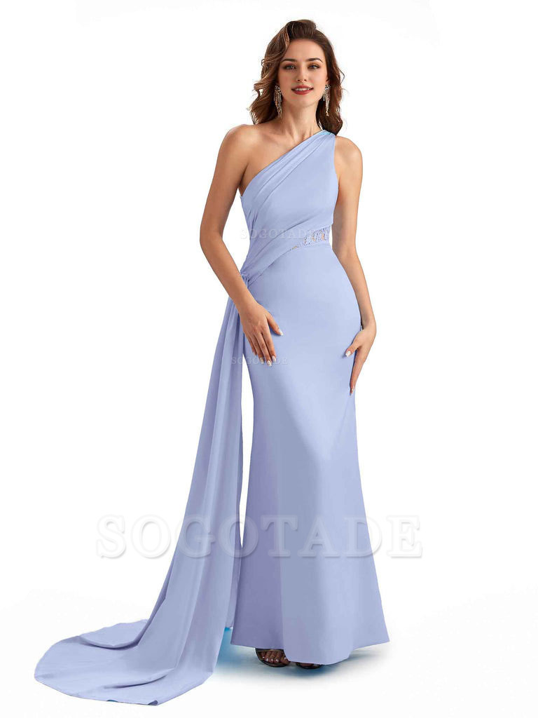 Sexy Mermaid Silky Satin One Shoulder Lace See Through Long Bridesmaid Dresses Online