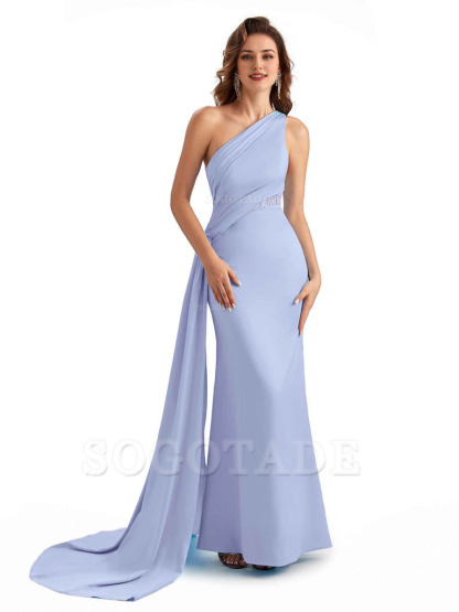 Sexy Mermaid Silky Satin One Shoulder Lace See Through Long Bridesmaid Dresses Online