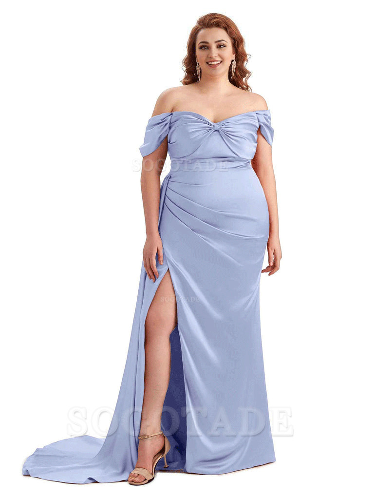  Sexy Side Slit Off The Shoulder Mermaid Soft Satin Long Plus Size Bridesmaid Dress For Wedding