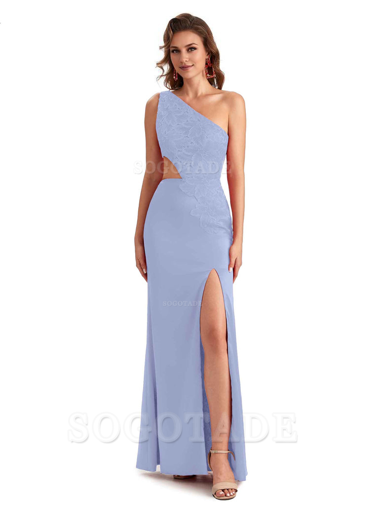 Sexy Side Slit Mermaid Lace Silky Satin One Shoulder Chic Long Bridesmaid Dresses