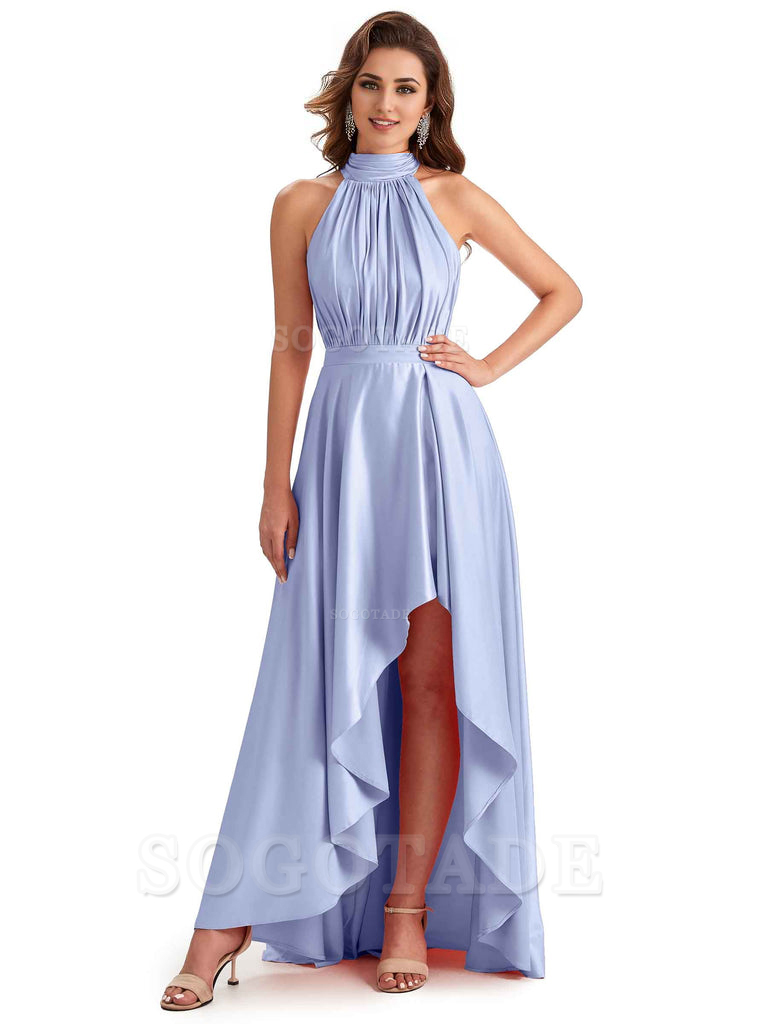 Soft Satin High Neck High Low A-Line Unique Bridesmaid Dresses Online
