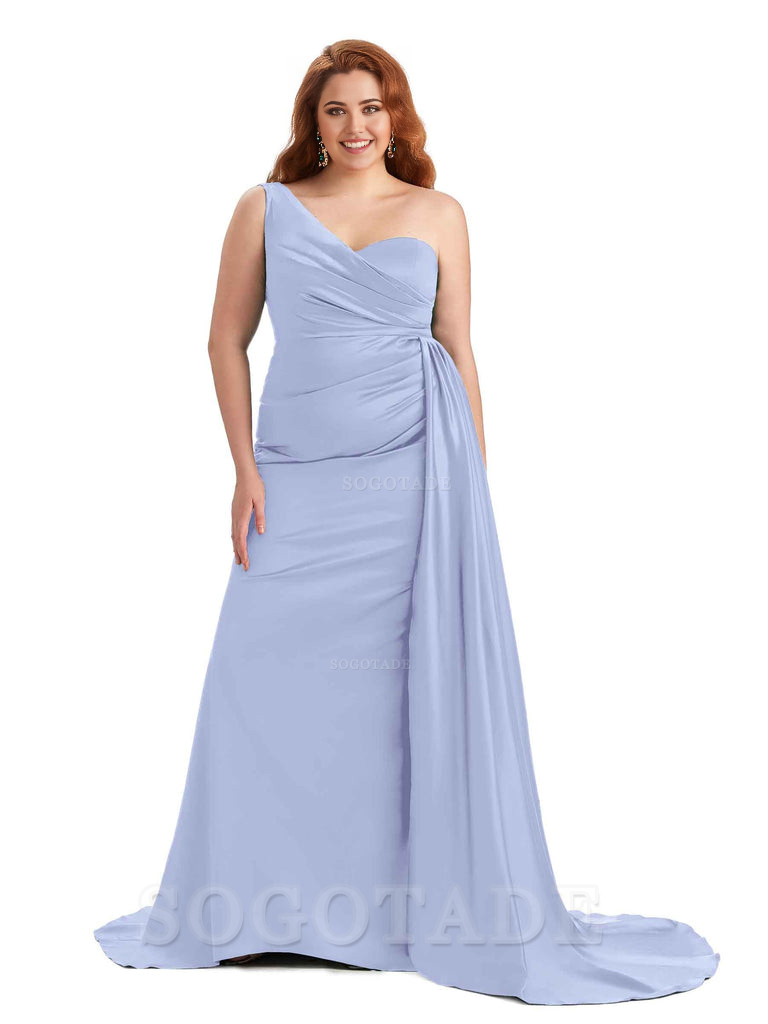 Sexy One Shoulder Sleeveless Mermaid Soft Satin Long Plus Size With Train Bridesmaid Gowns