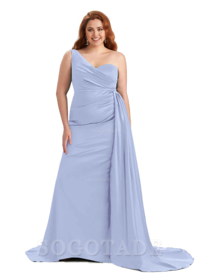 Sexy One Shoulder Sleeveless Mermaid Soft Satin Long Plus Size With Train Bridesmaid Gowns