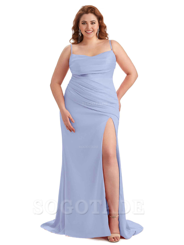 Sexy Side Slit Spaghetti Straps Mermaid Soft Satin Long Plus Size Bridesmaid Dress For Wedding