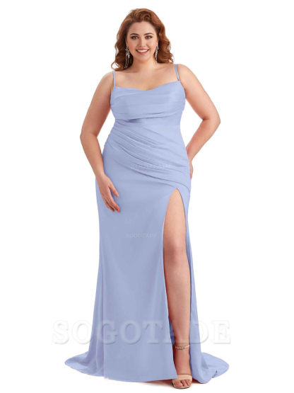 Sexy Side Slit Spaghetti Straps Mermaid Soft Satin Long Plus Size Bridesmaid Dress For Wedding