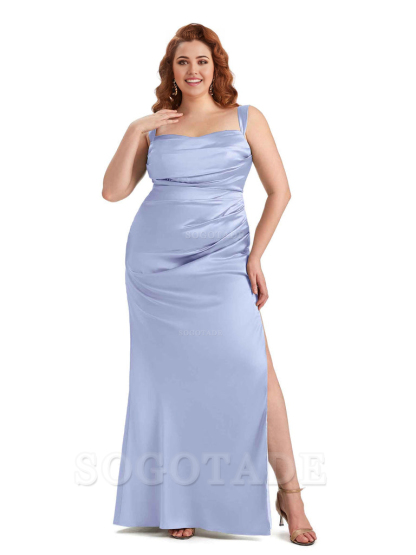 Sexy Side Slit Mermaid Wide Straps Soft Satin Long Plus Size Maid of Bridesmaid Dresses