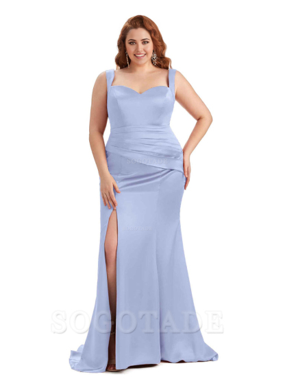 Sexy Side Slit Sleeveless Mermaid Straps Soft Satin Long Plus Size Maid of Bridesmaid Dresses