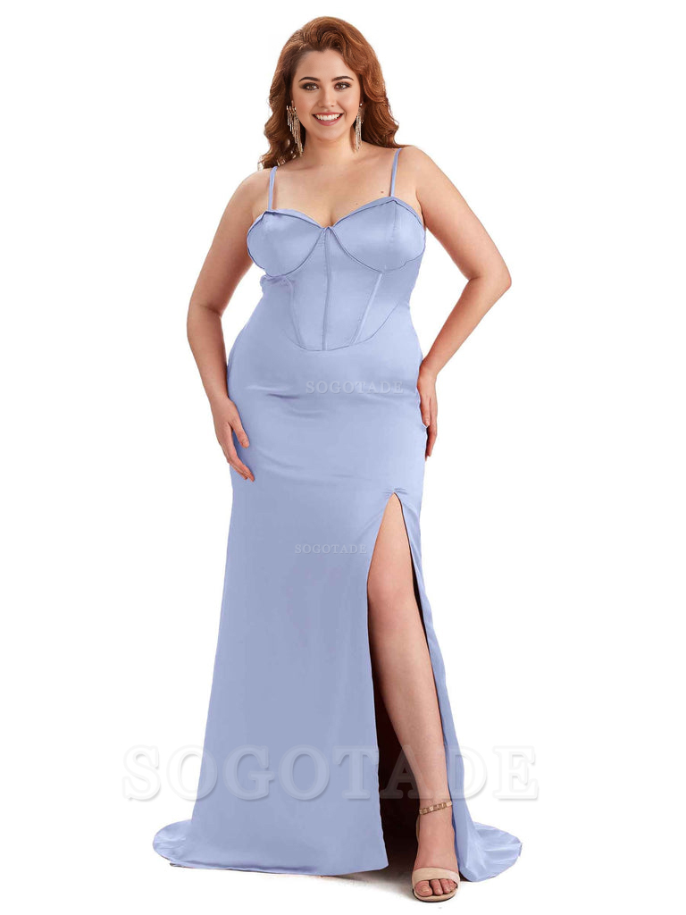 Sexy Spaghetti Straps Side Slit Sleeveless Mermaid Soft Satin Long Bridesmaid Dress Plus Size Dress To Wear to a Wedding