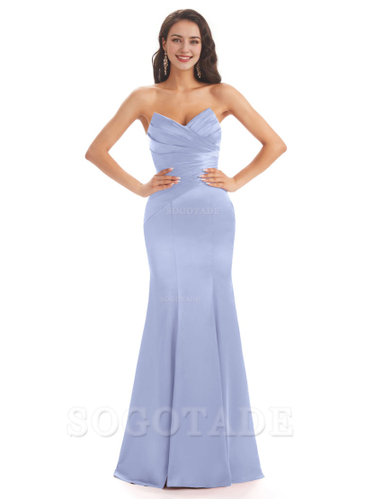 Simple Strapless Sweetheart Soft Satin Mermaid Long Bridesmaid Dresses prom shop dresses