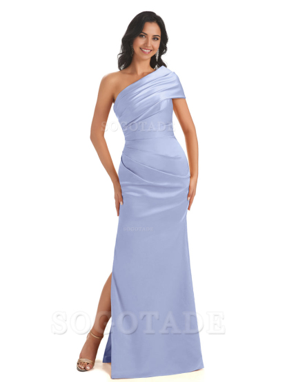 Mermaid One Shoulder Satin Long formal dresses evening gown Bridesmaid Dresses With Side Slit 