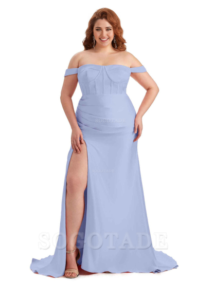 Elegant Off The Shoulder Side Slit Mermaid Soft Satin Floor Length Long Plus Size Bridesmaid Gowns