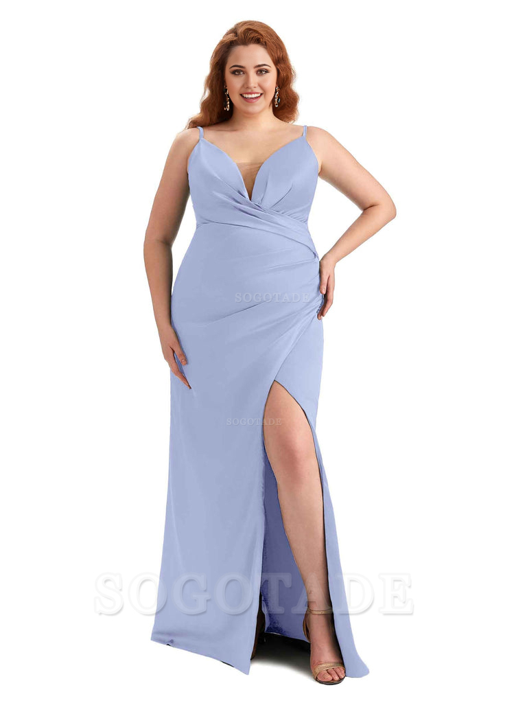 Sexy Side Slit Spaghetti Straps Sleeveless Mermaid V-neck Soft Satin Long Plus Size Bridesmaid Dress For Wedding